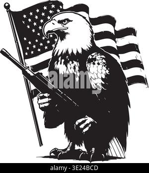 Bald Eagle Holding Rifle With American Flag Patriotic Emblem Design Stock Vector