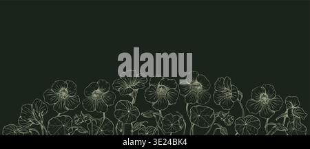 Vector botanical nasturtium flower line art on dark green background, elegant floral border with hand drawn blossoms and leaves. For packaging and Stock Vector