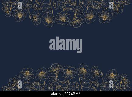Golden botanical nasturtium flower line art on dark navy background, floral border with hand drawn blossoms and leaves, vector illustration for Stock Vector