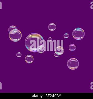 Colorful soap bubbles with on purple background. Vector design. Stock Vector