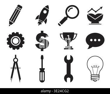 Professional Business Startup and Industrial Repair Tools Icon Set Silhouette for Technical Design Stock Vector