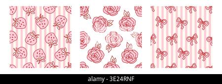 Coquette seamless pattern set featuring charming designs of strawberries, roses, and bows in soft pink and red tones with striped accents. Perfect for feminine, playful, and vintage-inspired products. Stock Vector