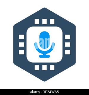 A microphone inside a processor frame represents speech technology and voice computing. This icon is suitable for voice assistants, audio software, la Stock Vector