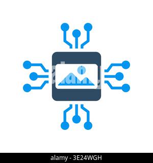 A picture frame connected to circuit lines symbolizes image generation and creative computing. This icon is suitable for generative software, design t Stock Vector