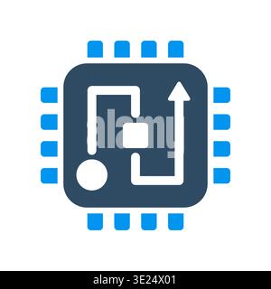 A processor with an internal path and arrow represents data processing and directional workflow. This icon is suitable for computing systems, automati Stock Vector
