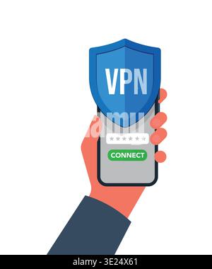 Connecting To VPN Via Mobile Network. Hand holding smartphone showing mobile app of a VPN service. stock illustration. Stock Vector