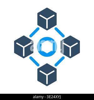 A central token ring is linked to four cube blocks in a balanced network composition. This graphic suits blockchain platforms, crypto education, finte Stock Vector