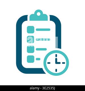 A clipboard with checklist lines and a clock represents a business plan and timed schedule. This graphic suits planning tools, corporate workflows, pr Stock Vector