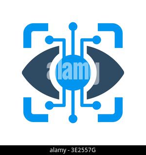 An eye symbol with a central chip is framed by scanning corners to represent computer vision. This graphic works for image analysis, recognition syste Stock Vector