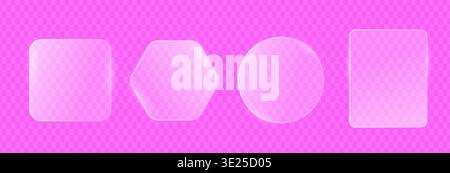 Set of liquid glassmorphism elements on pink background. Blur effect glass for modern UI design. Stock Vector
