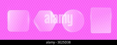 Set of liquid glassmorphism elements on pink background. Blur effect glass for modern UI design. Stock Vector