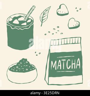 Matcha tea delights in simple, hand-drawn charm. Green hues whisper calm and nature's grace. Leaf, bowl, and bag invite mindful sipping. Sugary treats Stock Vector
