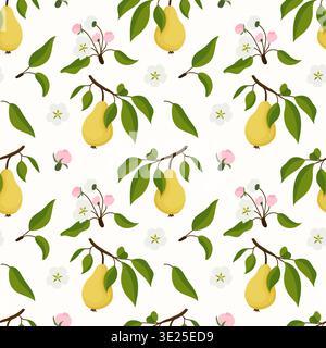 Delicate pears hang from leafy branches. Small white and pink blossoms scatter the scene. Green leaves frame each fruit with soft curves. Pattern repe Stock Vector