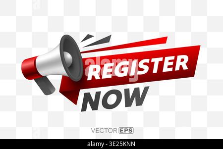 Dynamic Register Now announcement with a stylish red megaphone and banner. Ideal for web and print. Vector illustration. Stock Vector