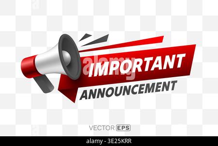 Megaphone with Important Announcement on a red banner, ideal for urgent notification and news design. Vector illustration Stock Vector