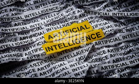 Strips of newspaper with the words Artificial Intelligence typed on them. Close up. Stock Photo