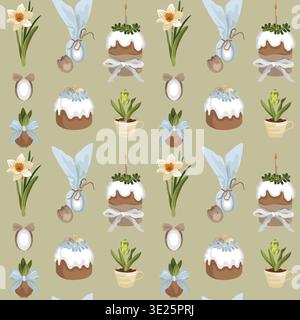 Easter cakes seamless pattern with teacup potted flower, blooming daffodil, flower bulb with a bow and Easter eggs Stock Vector