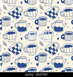 Hand-drawn cups and teapots in blue and cream tones. Pattern repeats across a soft, neutral background. Simple hearts and leaves scatter between the i Stock Vector