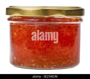 Front view of closed glass jar with red caviar of pink salmon isolated on white background Stock Photo