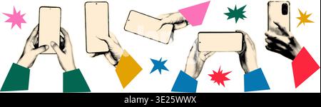 Halftone hands using smartphones vector illustration Stock Vector