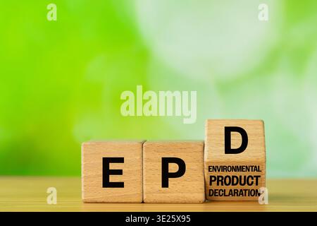 Symbol EPD, Environmental Product Declaration. Data on the products impact on the environment throughout its life cycle. Business concept written on w Stock Photo