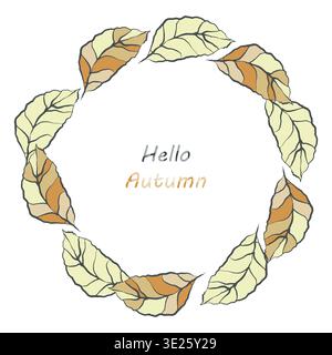 Colourful organic leaf circle frame, whimsical decorative autumn falling leaves border background card. Hand-drawn ink paint brush sketch line, doodle Stock Vector