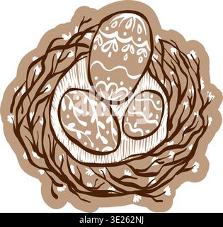 Charming Easter illustration depicts a bird nest filled with eggs. Stock Vector