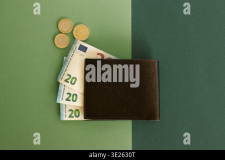 Dark leather wallet with 20 euro banknotes and euro coins on a two-tone green minimalist background Stock Photo