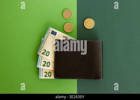 Dark leather wallet with 20 euro banknotes and euro coins on a two-tone green minimalist background Stock Photo