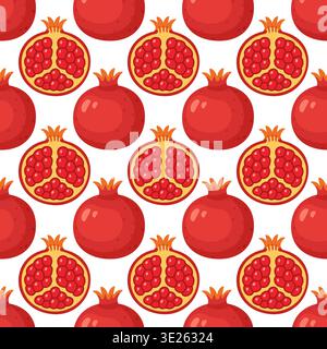 Seamless pattern with whole and cut pomegranates. Hand drawn trendy flat style. Bright fruit background perfect for textiles, packaging, wrapping paper, kitchen decor, summer food designs. Stock Vector