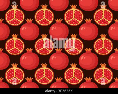 Seamless pattern with whole and cut pomegranates. Hand drawn trendy flat style. Bright fruit background perfect for textiles, packaging, wrapping paper, kitchen decor, summer food designs. Stock Vector