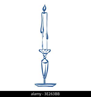 Candle in sketch style. Vector outline illustration in blue color. Coquette core aesthetic. Vintage vector outline illustration Stock Vector