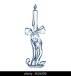 Candle with bow in sketch style. Vector outline illustration in blue color. Coquette core aesthetic. Vintage vector outline illustration Stock Vector