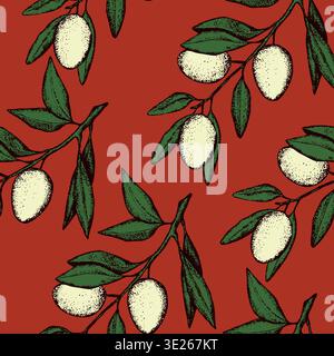 Seamless pattern with olive branch. Ink hand drawn olives background. Botanic plant vector illustration for print, fabric, textile. A sprig of an Stock Vector