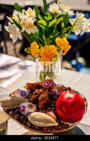Festive Breakfast Table Setting. Decorative Arrangement For Springtime Brunch Gathering Stock Photo