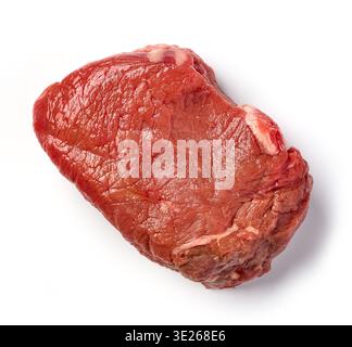 High-quality studio shot of a raw beef steak or ribeye fillet isolated on a white background. Fresh red meat with marbling, rich in protein and iron. Stock Photo