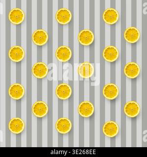 Creative food background featuring fresh yellow lemon slices arranged in a geometric pattern on a grey and white vertical striped surface. Minimalist Stock Photo