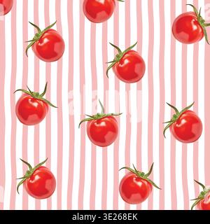 Creative food background featuring fresh red tomato  in geometric pattern on pink and white vertical striped surface. Minimalist flat lay composition Stock Photo
