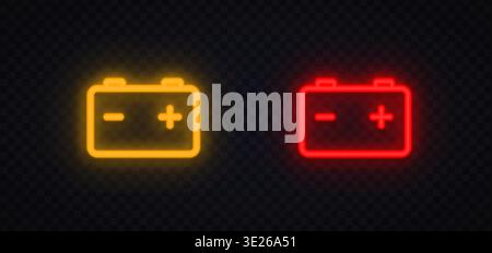 Neon car battery icons in yellow and red glowing style. Bright automotive symbols showing charge status and warning alerts. Perfect for dashboard Stock Vector