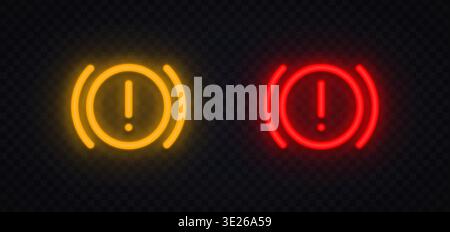 Neon brake warning icons with exclamation mark in glowing circle. Bright automotive alert symbols for critical system status. Perfect for dashboard Stock Vector