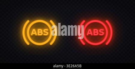 Neon ABS brake system icons with glowing circular design. Bright warning indicators for vehicle safety and control system. Perfect for dashboard Stock Vector