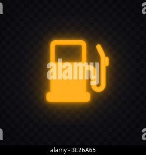 Neon fuel pump icon in bright yellow glowing style. Automotive symbol representing fuel level and refueling need. Perfect for dashboard interface and Stock Vector