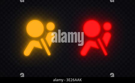 Neon airbag warning icons in yellow and red glowing style. Safety symbols showing collision protection system alerts. Perfect for dashboard interface Stock Vector