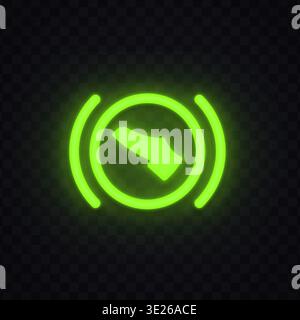 Neon brake pedal icon with glowing green circle design. Bright automotive symbol indicating brake system activity. Perfect for dashboard interface and Stock Vector