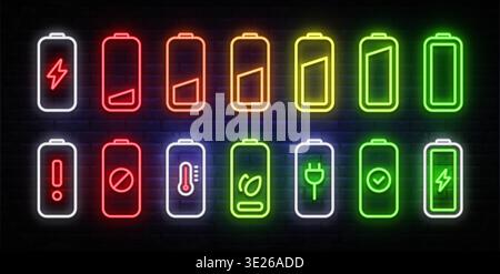Neon battery indicators with various charging stages and status symbols. Bright glowing energy icons on dark brick wall background. Ideal for Stock Vector