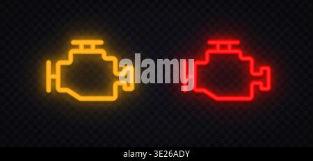 Neon engine warning icons with glowing outline in yellow and red. Automotive symbols indicating system issues and maintenance alerts. Perfect for Stock Vector