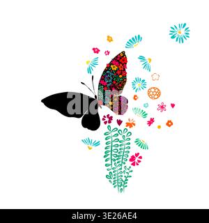 Butterfly and flowers simple drawing. Hand drawn. Not AI, vector illustration. Stock Vector