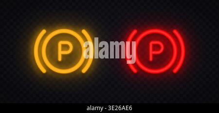 Neon parking brake icons with letter P in glowing circle. Bright vehicle symbols indicating parking system status. Perfect for dashboard interface and Stock Vector