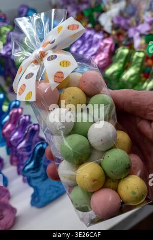 Close-up of pastel, colored foil, wrapped Easter, bunny chocolates, Grand Central Terminal market, 2026, New York City, USA Stock Photo