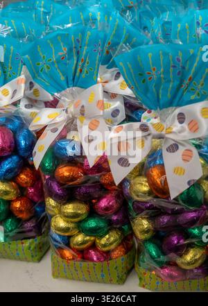 Close-up of pastel, colored foil, wrapped Easter Egg  chocolates, Grand Central Terminal market, 2026, New York City, USA Stock Photo